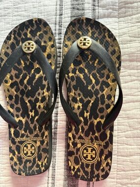 Tory Burch Black & Leopard Print Jelly Flip Flops with Gold Logo